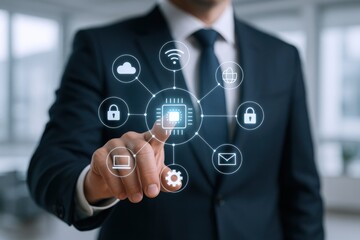 Businessman Activating Digital Interface with Cloud Computing, Cybersecurity, and Technology Icons, Representing Modern Business Solutions