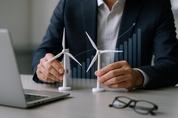 Sustainable Energy Investment: Businessman Analyzing Wind Turbine Growth with Financial Charts, Promoting Renewable Resources