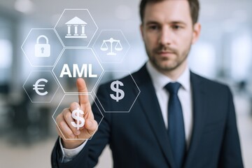 Obraz premium Professional businessman interacts with AML interface, symbolizing compliance and financial security in modern business operations.