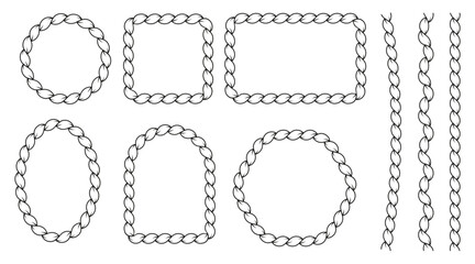 Set of rope borders in different shapes—square, wavy, circular, and oval. Isolated on white background. Vector design elements created with rope brush style. © Maryna