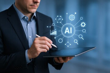AI Integration: Businessman Using Tablet with Artificial Intelligence Interface for Business Analytics and Automation