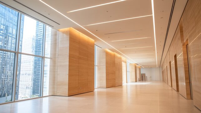 Modern Office Lobby Interior with Large Windows and Minimalist Design for Commercial Real Estate