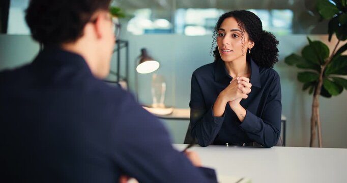 Business woman, meeting or interview with application for job opportunity or hiring in office. Female person, employer or discussion with candidate for career, development or recruitment process