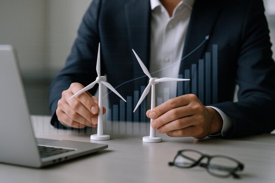 Sustainable Energy Investment: Businessman Analyzing Wind Turbine Growth with Financial Charts, Promoting Renewable Resources - Powered by Adobe