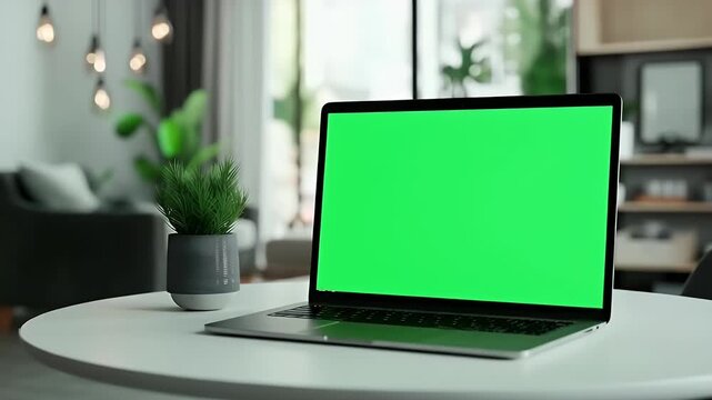 Dynamic laptop with vibrant green screen for seamless integration into your modern workspace presentation or video project