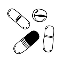 Medicine vector illustration set. Pill, capsule, round tablet with a score line. Pharmaceutical drugs, vitamins, dietary supplements, painkillers. Hand drawn clipart, black and white isolated doodle
