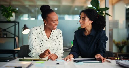 Night, media agency and women with high five, tablet and smile with cooperation. Gesture, internet or people with tech, documents or achievement with submission, publication or goals for subscription