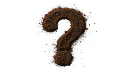 A textured question mark symbol formed from rich dark soil and small pebbles isolated on transparent background
