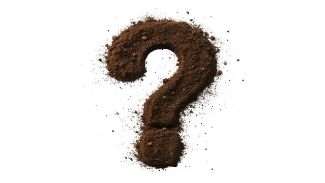 A textured question mark symbol formed from rich dark soil and small pebbles isolated on transparent background