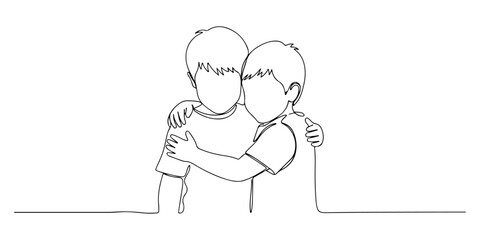 Continuous one line of a sibling hugging gently, symbolizing support, comfort, and meaningful relationships, hand drawn vector illustration.
