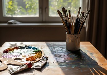 A painted palette and 's brushes sit on a wooden table, bathed in natural light, suggesting a creative atmosphere.