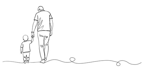 Continuous one line of a parent holding a child's hand while walking, symbolizing protection, tenderness, and trust, hand drawn vector illustration.