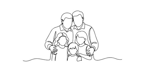 Continuous one line of a family taking a group photo together, representing memories, unity, and happy moments, hand drawn vector illustration.Continuous one line of a family taking a group photo toge
