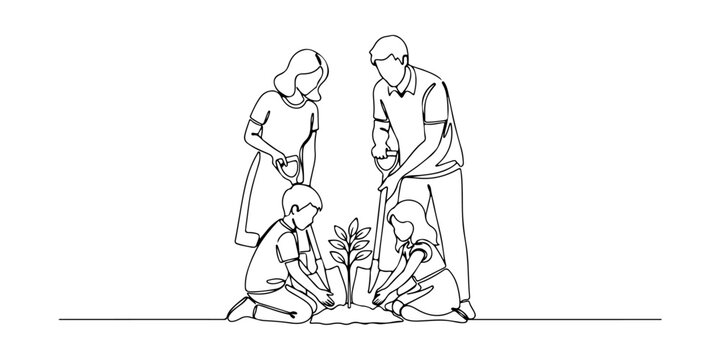 Continuous one line of a family planting a tree together, representing teamwork, care for nature, and cherished memories, hand drawn vector illustration.