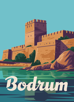 Bodrum Castle retro poster, featuring Turkey resort scenery, Mediterranean coastline, and historic fortress elements, illustrated in vintage postcard style for travel 