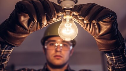 Maintenance worker in gloves and safety gear installing a glowing light bulb into an overhead fixture, low angle shot.
