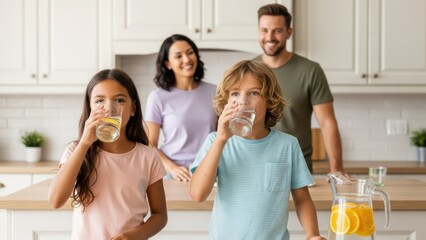 Wholesome family moment: Smiling siblings drinking refreshing water in a pristine, contemporary kitchen while parents look on happily. © Chainarong