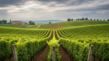 Fototapeta premium Rolling tuscan vineyard landscape under cloudy sky with distant farmhouse