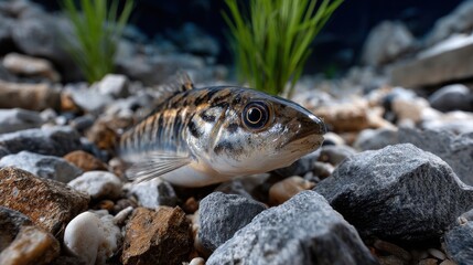 A fish is laying on the ground next to some rocks