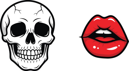 Skull illustration, red lips artwork, contrast design, death and beauty, graphic art, pop culture, edgy style, bold colors, symbolism, emotion