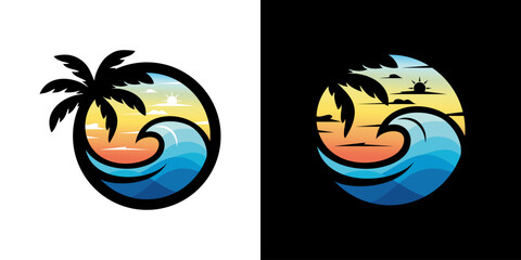 logo featuring a palm tree above a wave. palm tree and wave logo. 