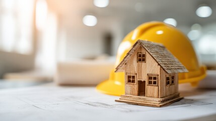 Architectural Model House Project with Blueprint and Safety Helmet, Representing Construction Planning and Building Design