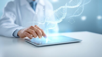 Doctor Analyzing DNA on Tablet: Future of Medicine, Genetic Research and Healthcare Technology Concept