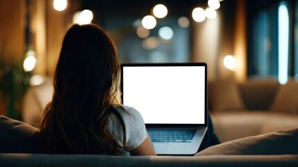 Woman Using Laptop with Blank White Screen in Cozy Home Interior at Night