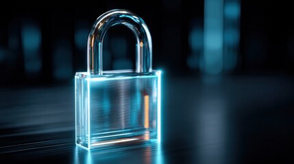 Futuristic Lock Illustrating Data Security and Protection in the Digital Age, Glowing with Blue Neon