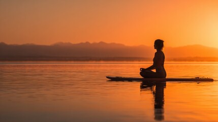 Fototapeta premium Silhouette of Woman Meditating on Paddle Board at Sunset, Embracing Serenity and Balance