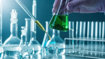 Gloved hand conducting precise scientific research, using a pipette to dispense a vivid green chemical drop into laboratory glassware.