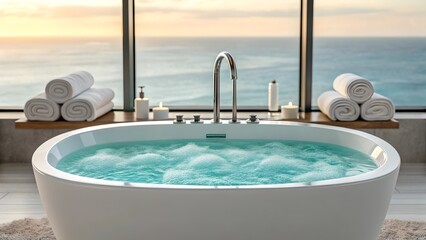 Luxurious bathtub filled with bubbling water overlooking a serene ocean view perfect for spa relaxation and hotel bathroom design