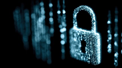 Digital Lock Security Concept: Blue Padlock Emerging from Data Stream - Cybersecurity Illustration