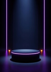 Dark Podium with Pink and Purple Neon Light Bars, Futuristic Tech Product Display Stage: Gaming Accessory Showcase, Abstract Cyberpunk Presentation, Minimalist Vertical Mockup.