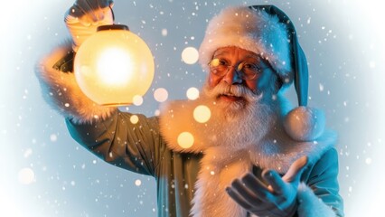 Jovial elderly man resembling Santa Claus holding a brightly lit spherical lantern during a cold, snowy night.