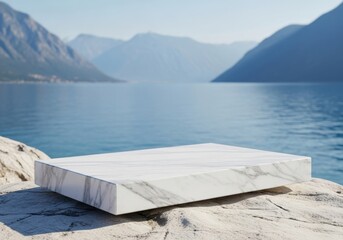 White Marble Podium on Rocks, Stunning Fjord and Mountain Lake Scenic Backdrop: Organic Wellness Showcase, Luxury Nature Presentation, Tranquil Outdoor Display.