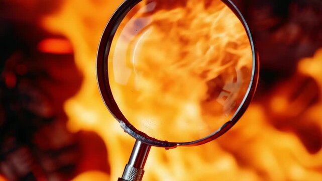 Close-up shot of flames with magnifying glass