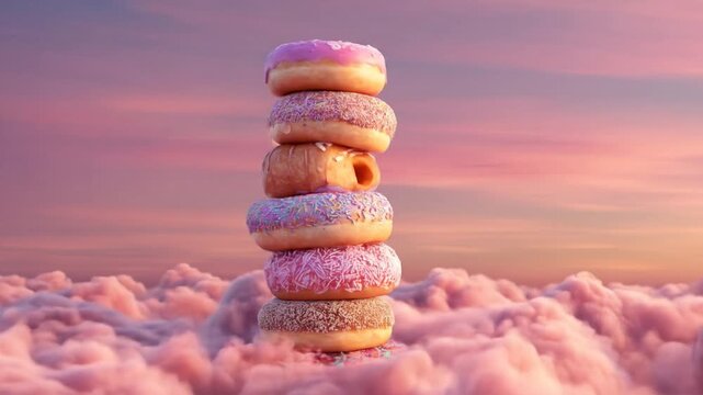A whimsical stack of colorful donuts rises majestically above fluffy pink clouds during a serene sunset, creating a dreamy and playful atmosphere ideal for dessert-themed visuals