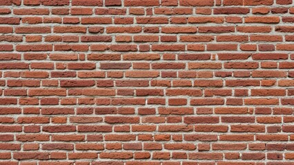 Fototapeta premium A full-frame, photorealistic capture of an ancient, weathered brick wall texture, viewed front-on, presenting an expansive, detailed surface of rough red masonry.