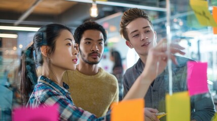 Diverse business team collaborating brainstorming innovative concepts with colorful sticky notes on a transparent glass wall