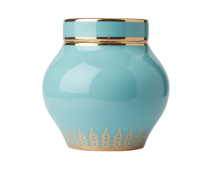 Light Blue Ceramic Jar with Gold Accents and Lid container pottery isolated on a transparent background