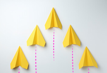 Paper planes with dotted lines as air route track on white background