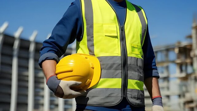 Dedicated construction worker pauses with hard hat at bustling job site, ready to work, safety first in challenging environment