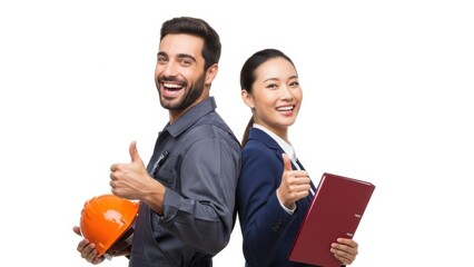 Diverse professional team: male construction worker and female executive standing back-to-back, giving thumbs-up in studio shot.