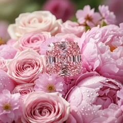 A radiant pink diamond, exquisitely set amidst a breathtaking bouquet of pink roses and peonies, evokes a feeling of delicate beauty and opulence.