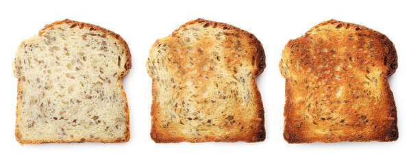Toasts of different degrees of browning isolated on white, collection