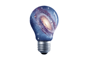 Lightbulb filled with swirling colorful nebula in darkness