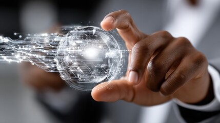 A man is holding a ball in his hand, and it is a computer screen