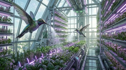 Robotic hummingbirds in futuristic vertical hydroponic farm