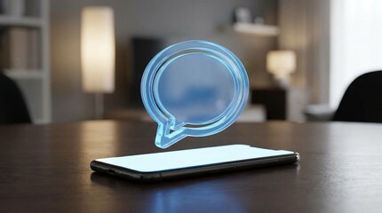 Smartphone and glowing blue chat bubble on wooden table